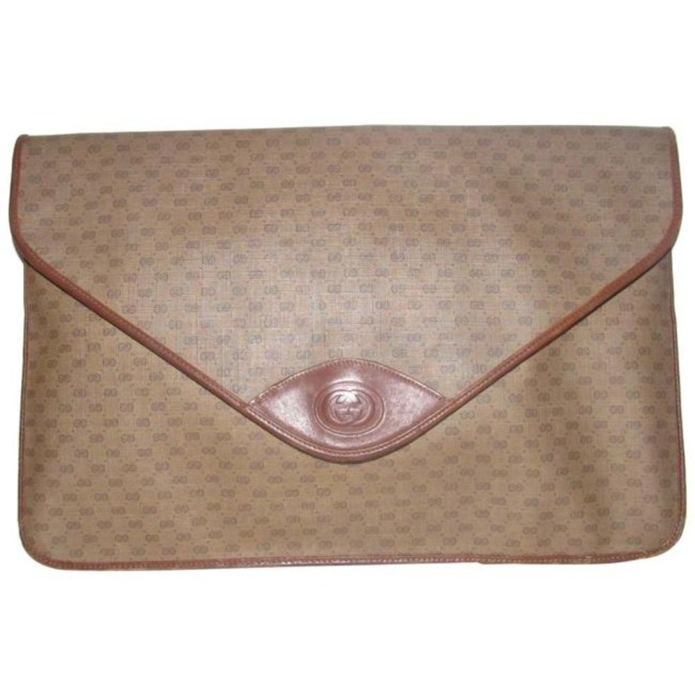 Gucci Vintage Brown Leather Envelope Clutch Small G Logo Print Coated Canvas